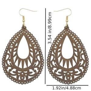 Earrings Bohemian Wooden Hollow Pattern Cut Out Dangle Brown Pierced